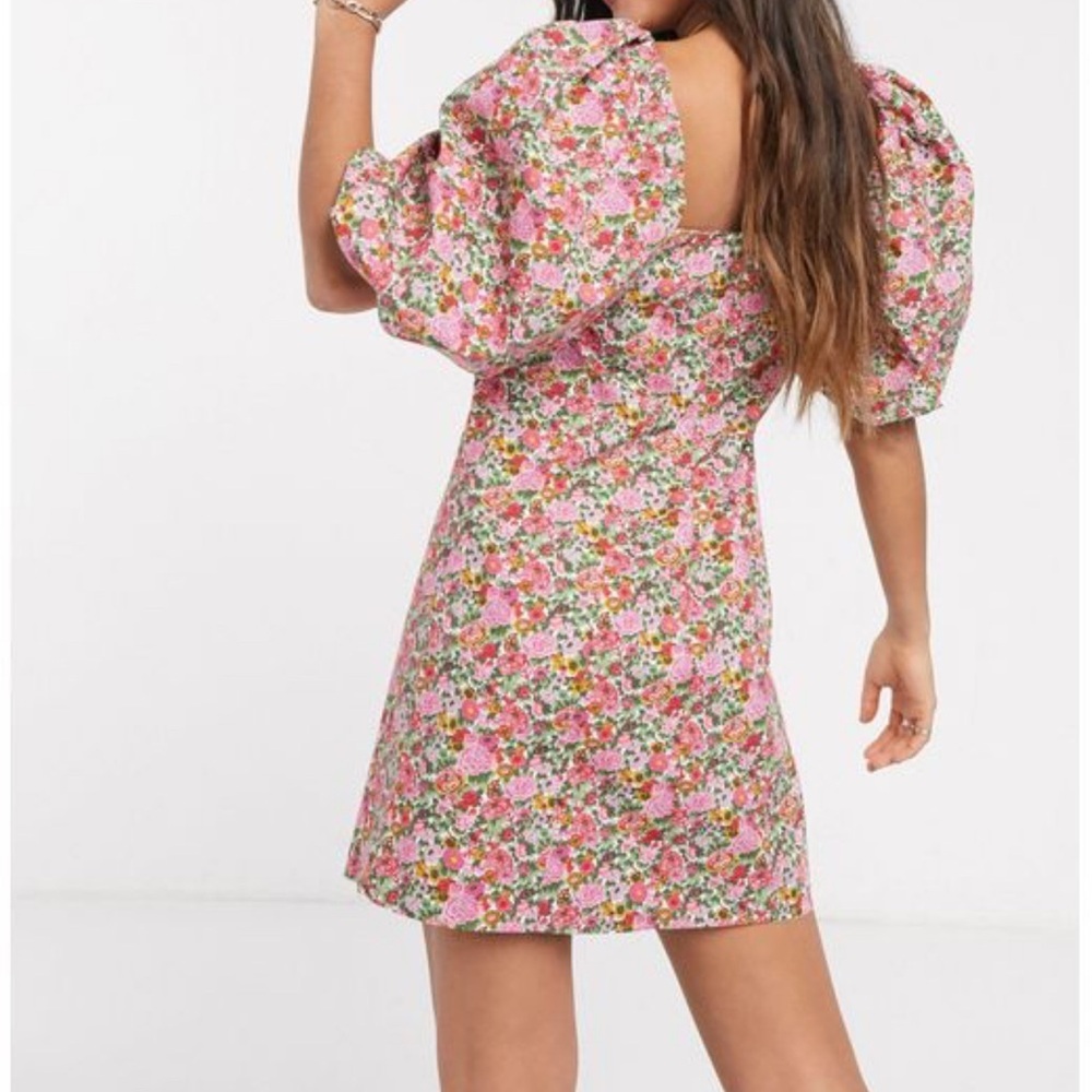 MNG Mini Dress Floral Voluminous Puff Sleeve Cotton Pink/Red Size 4 Blogger Fave - Picture 3 of 9